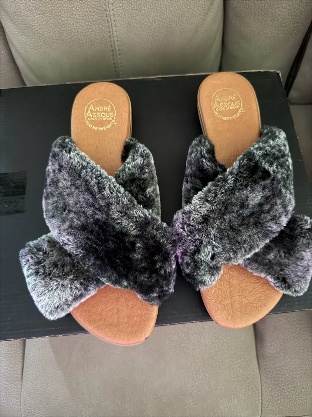 Andre Assous Gray Faux-Fur Crossover Slide Sandals
